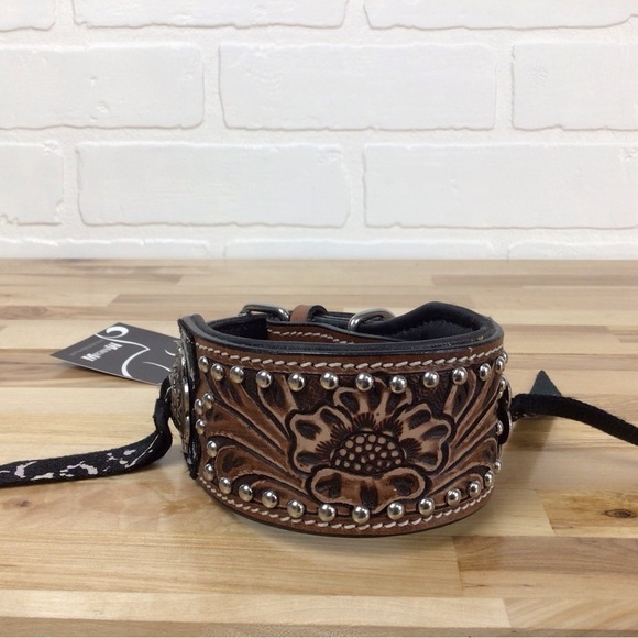 Mad Cow genuine leather western dog collar handmade brown black studded silver - Picture 2 of 16